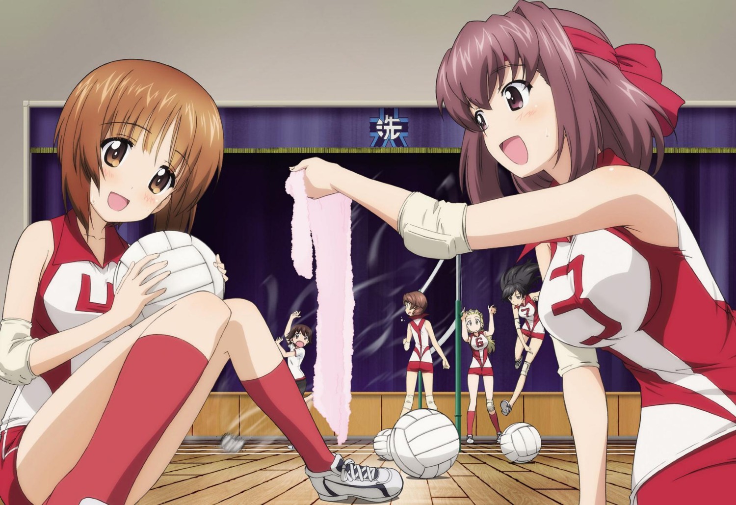 girls_und_panzer gym_uniform isobe_noriko isuzu_hana kawanishi_shinobu kondou_taeko nishizumi_miho sasaki_akebi towel yoshida_nobuyoshi