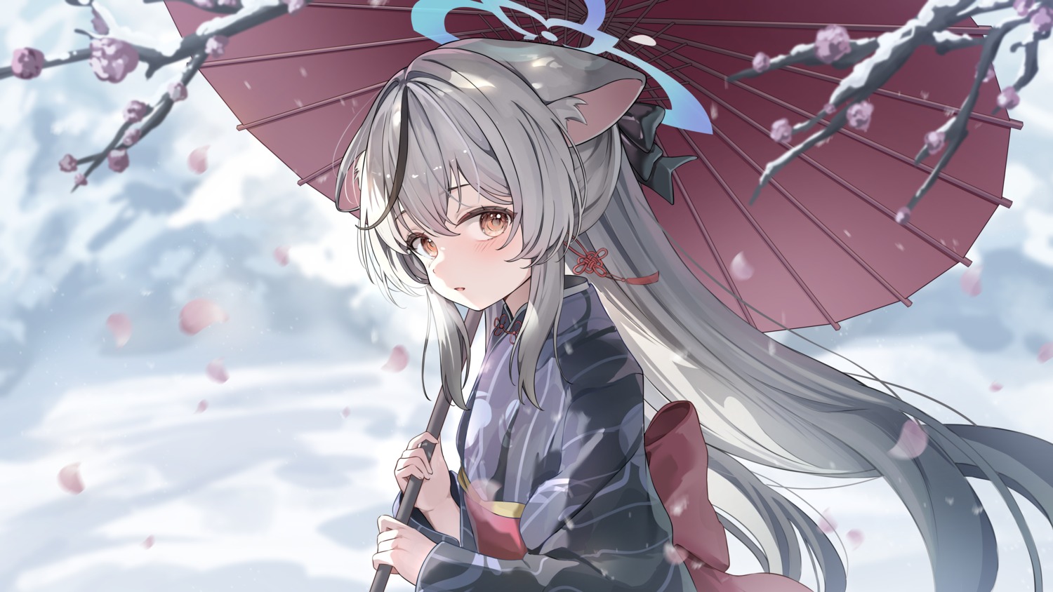 animal_ears blue_archive halo kimono nekomimi sunohara_kokona umbrella umou_(umouawa)