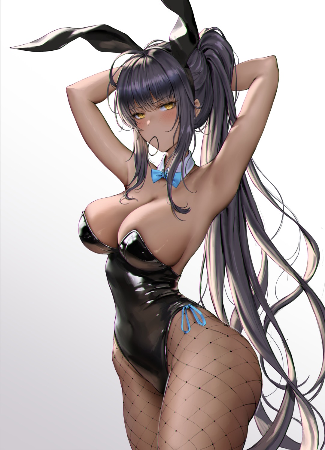 animal_ears blue_archive bunny_ears bunny_girl fishnets jademoon kakudate_karin no_bra pantyhose