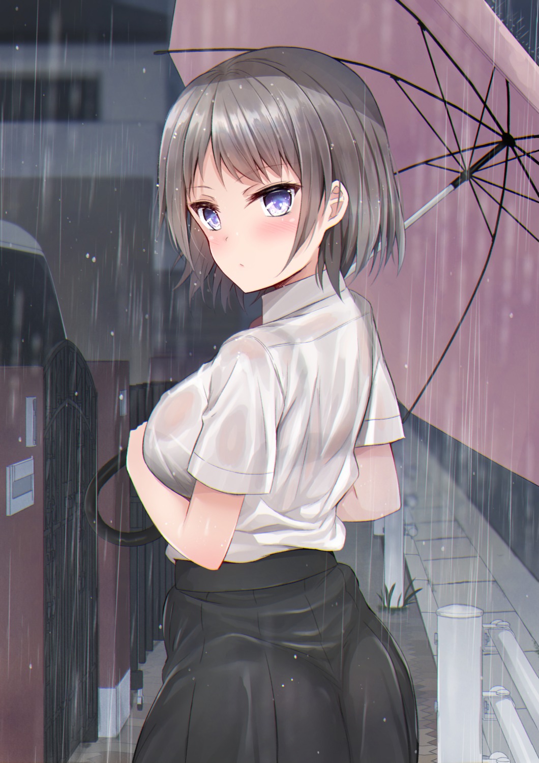 ass bra naitou_kirara see_through seifuku umbrella wet wet_clothes