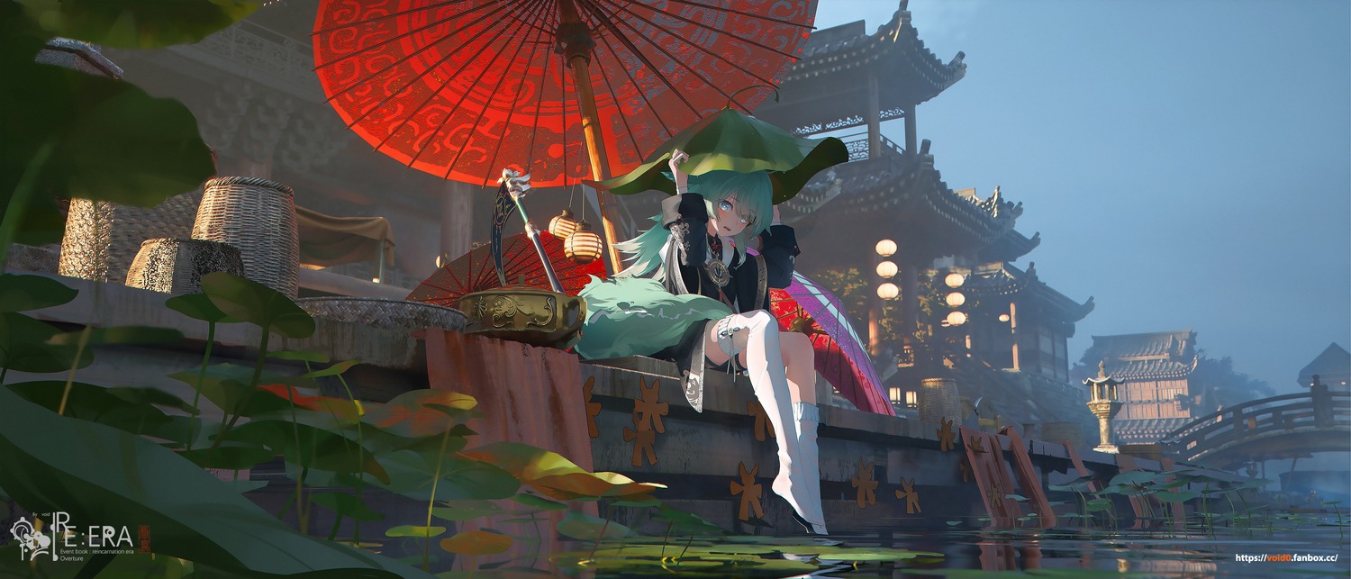 animal_ears asian_clothes honkai:_star_rail huohuo tail thighhighs umbrella void_0 wet