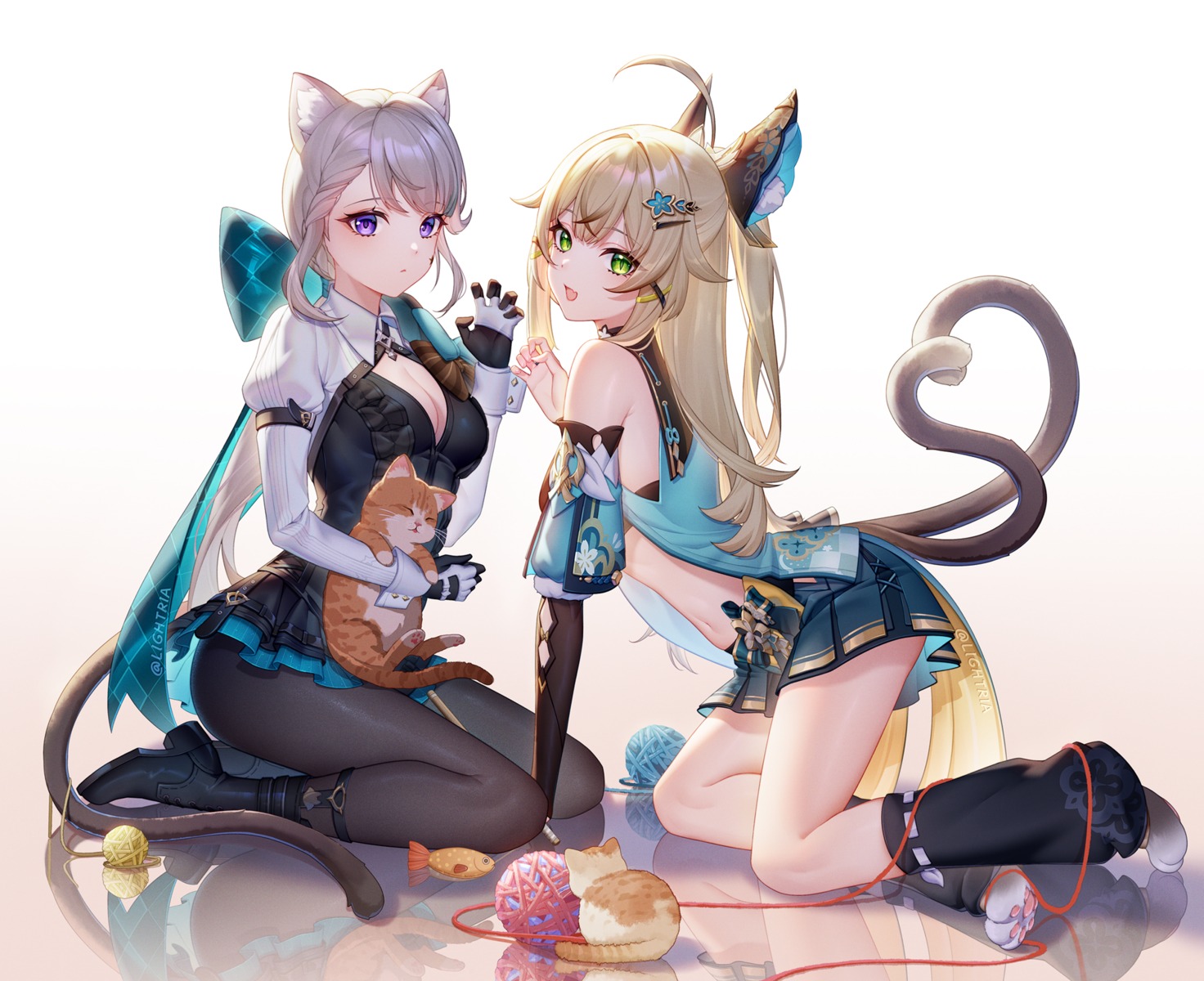 animal_ears cleavage genshin_impact japanese_clothes kirara_(genshin_impact) lightria lynette_(genshin_impact) neko nekomimi pantyhose tail tattoo