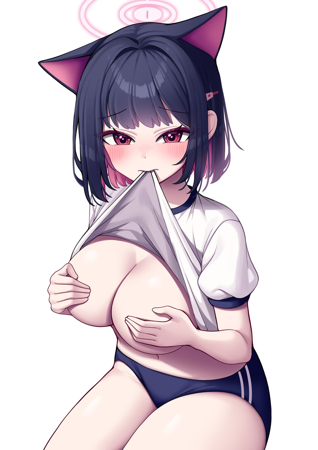 animal_ears blue_archive breast_hold breasts buruma gym_uniform halo kyouyama_kazusa metaljelly nekomimi no_bra shirt_lift