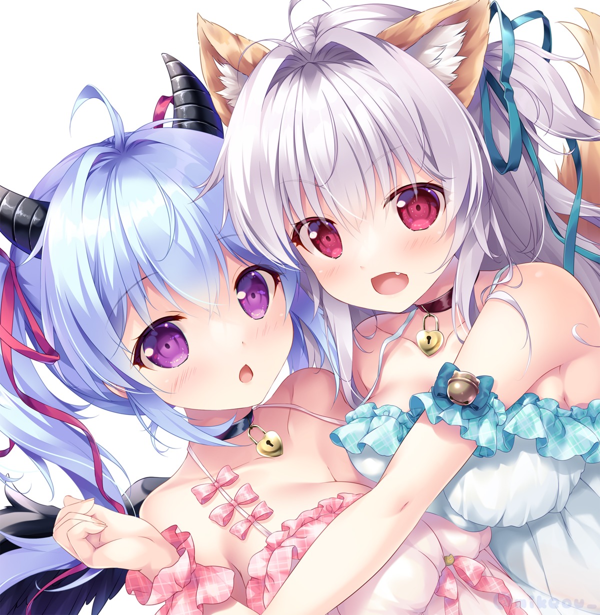 animal_ears cleavage horns kyuubi mikeou miruno no_bra sennen_sensou_aigis tail wings