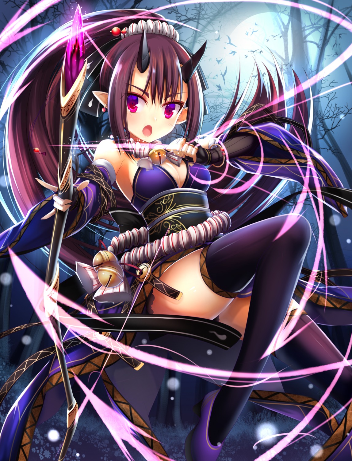 aixioo cleavage heels horns pointy_ears thighhighs weapon