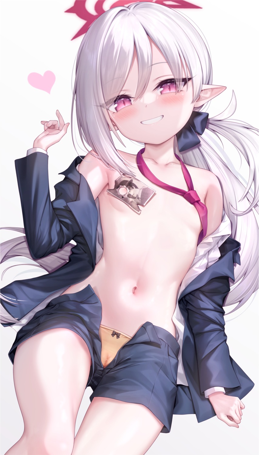 arata_(xin) areola asagi_mutsuki blue_archive breasts business_suit halo loli no_bra open_shirt pantsu pointy_ears pussy see_through uncensored
