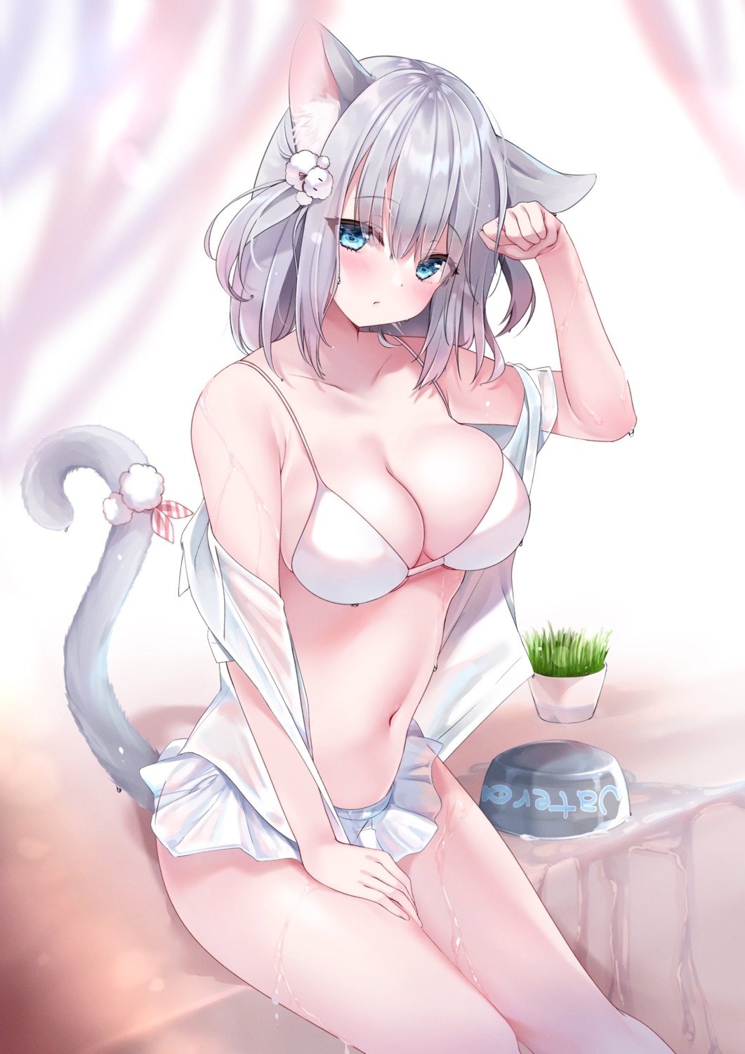 animal_ears bikini cleavage detexted neco_meito nekomimi open_shirt see_through swimsuits tail wet wet_clothes