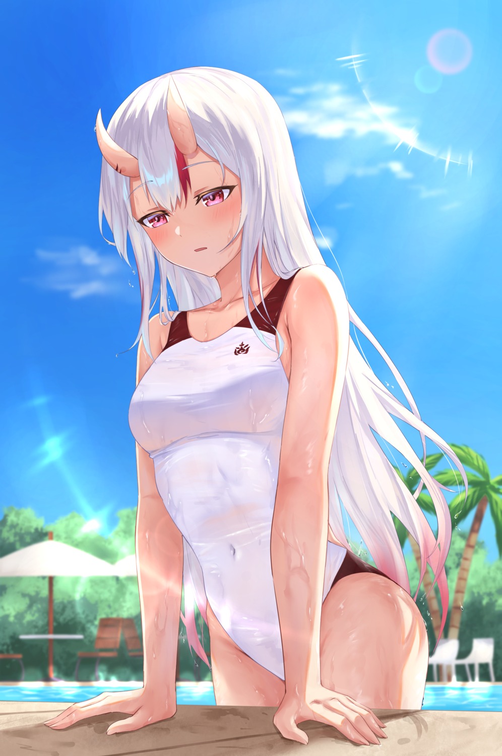 hololive horns maki_(pixiv9288678) nakiri_ayame see_through swimsuits wet wet_clothes