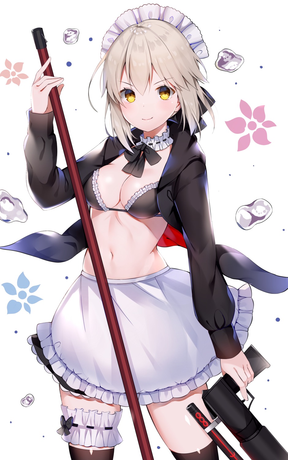 aozora_nan bikini_top cleavage fate/grand_order garter gun maid open_shirt saber saber_alter swimsuits thighhighs