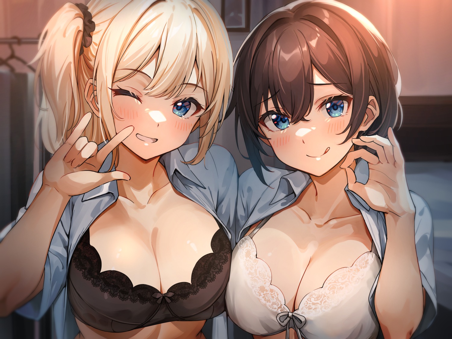 bra dress_shirt open_shirt shiitake_taishi symmetrical_docking