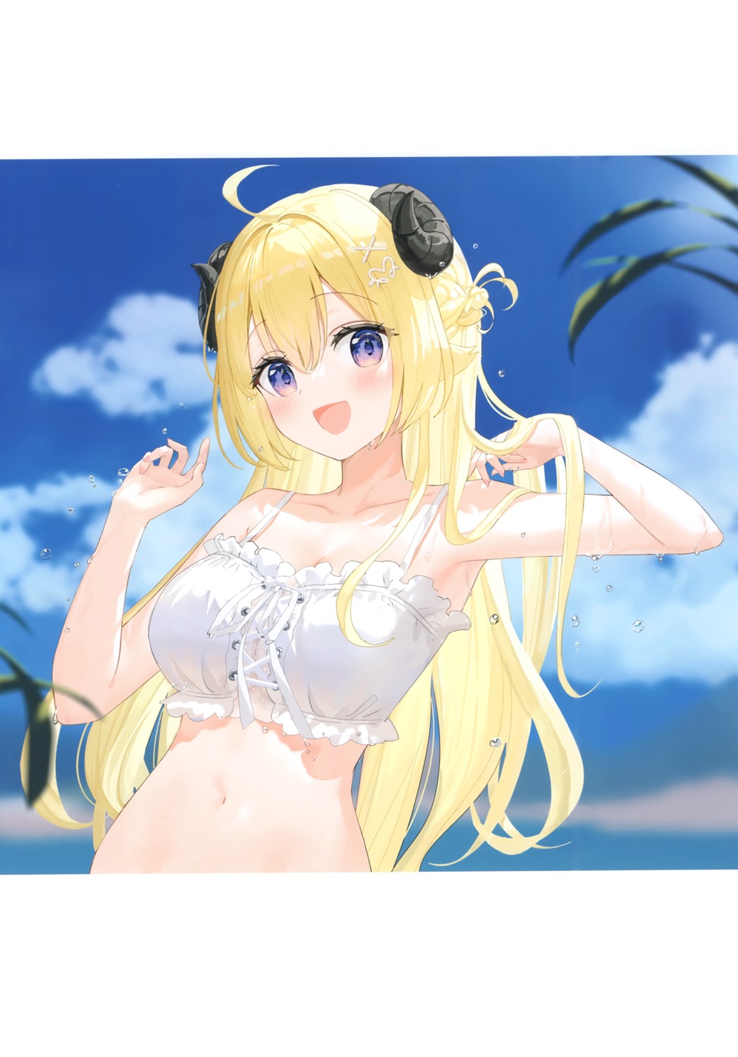 bikini_top fuumi hololive horns radial_engine see_through swimsuits tsunomaki_watame wet