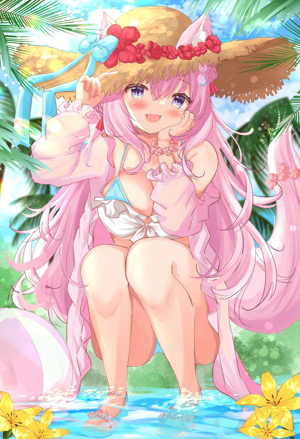 animal_ears bikini hakui_koyori hololive kanti15 open_shirt swimsuits tail wet