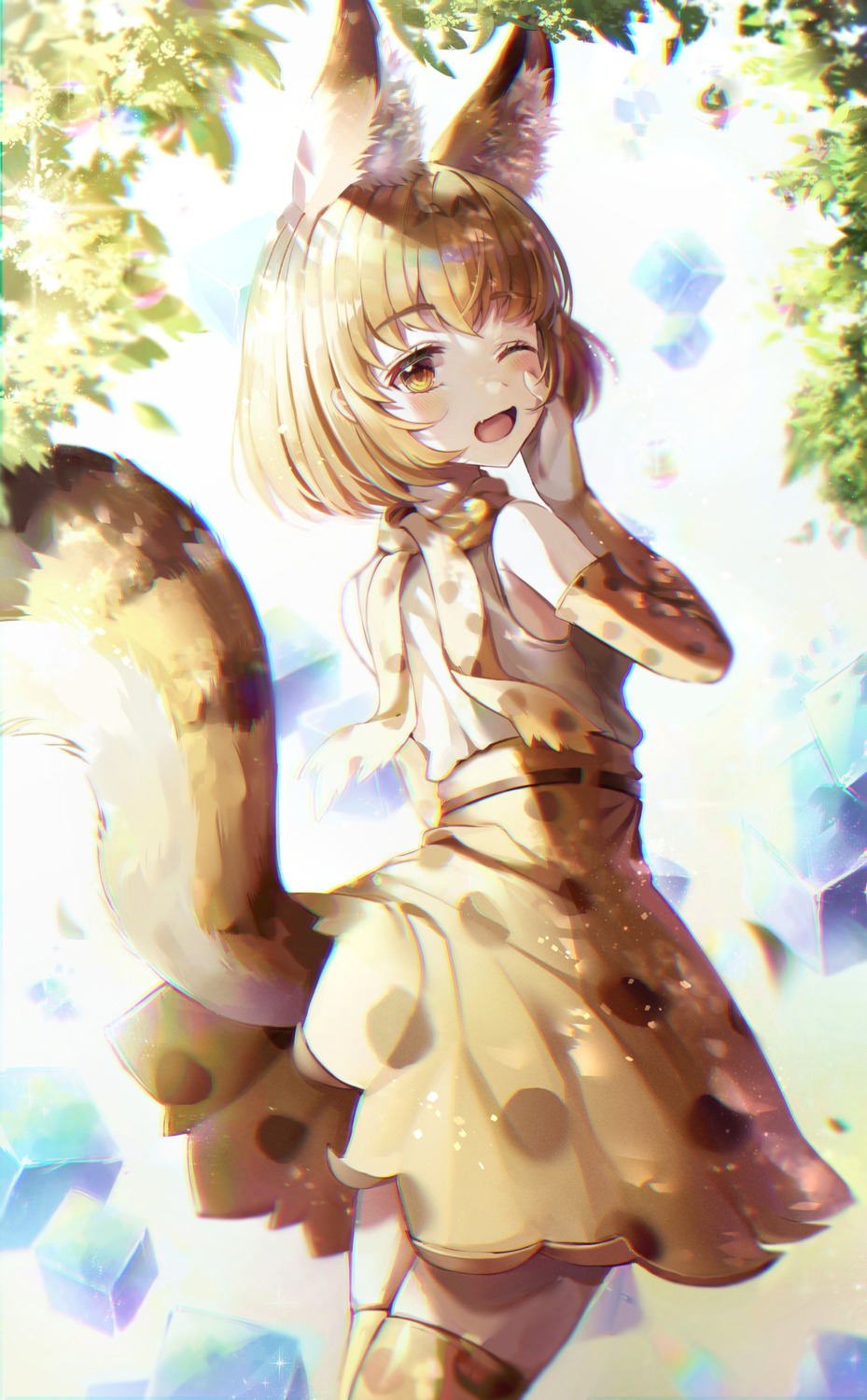 animal_ears kemono_friends mirage_(rairudiseu) serval skirt_lift tail thighhighs