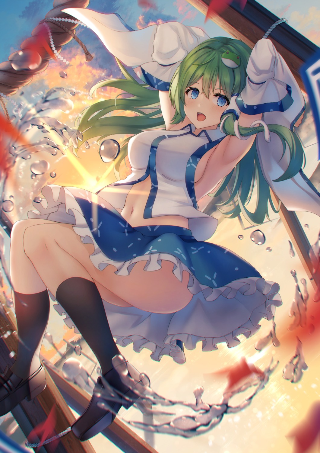 kochiya_sanae liya no_bra shirt_lift skirt_lift touhou