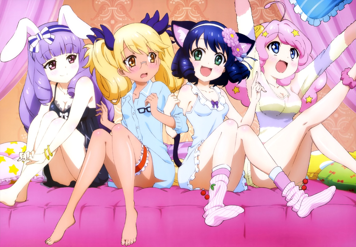 animal_ears bunny_ears chuchu_(show_by_rock!!) cleavage cyan_(show_by_rock!!) feet garter megane moa_(show_by_rock!!) nekomimi pajama retoree_(show_by_rock!!) show_by_rock!! tail