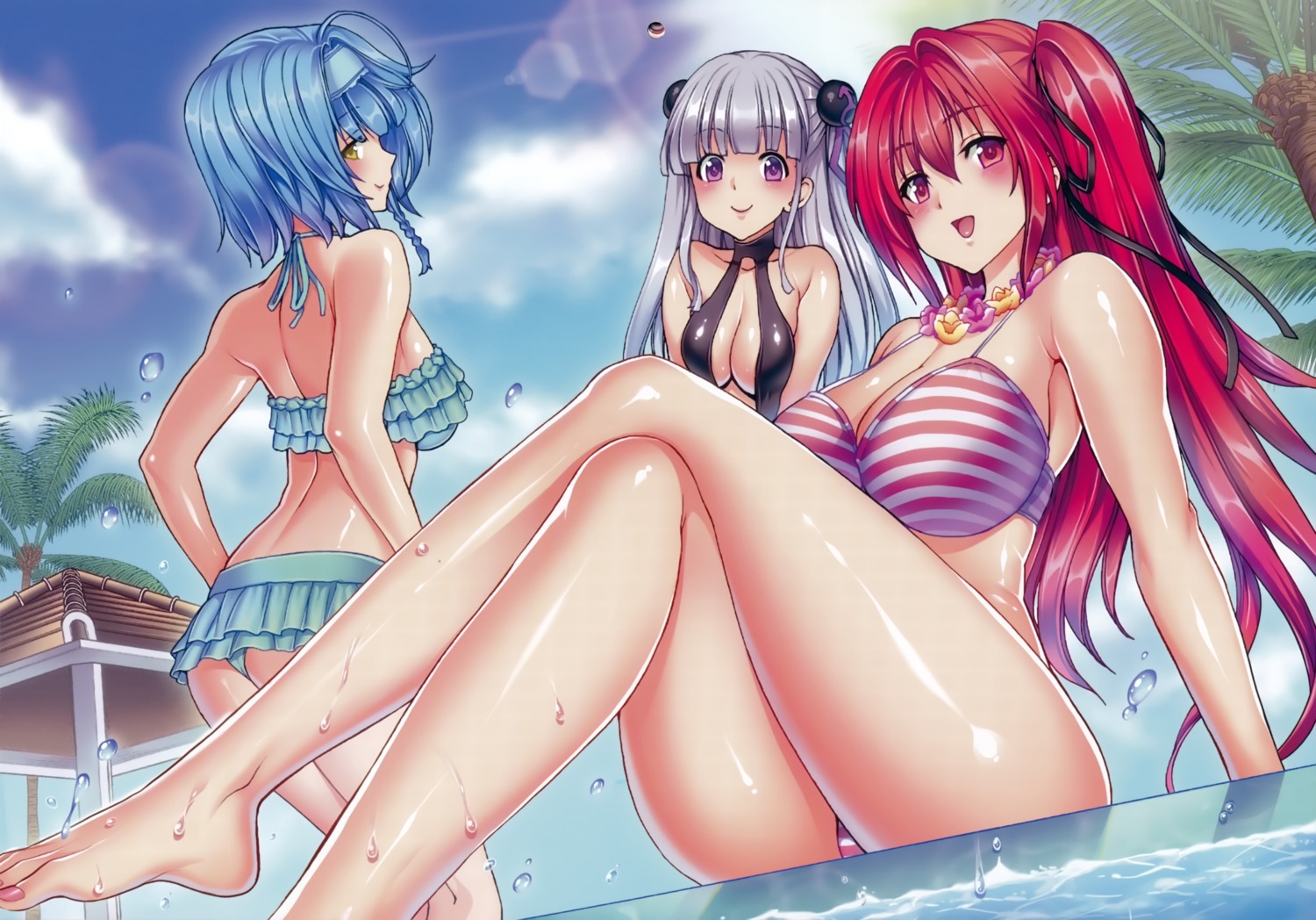 bikini cleavage feet hori_hiroaki naruse_maria naruse_mio nonaka_yuki shinmai_maou_no_testament sling_bikini swimsuits wet