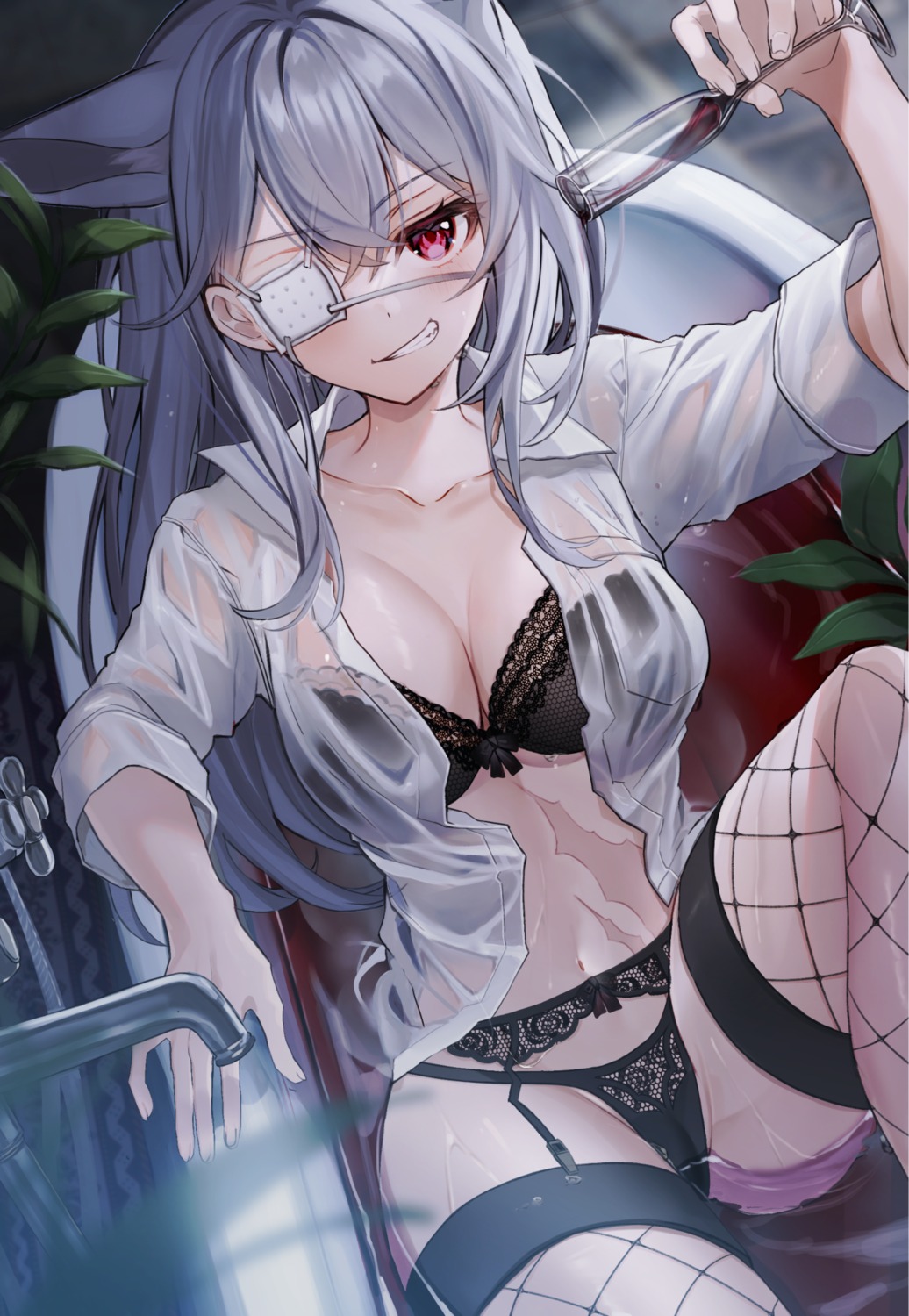 bra dress_shirt eyepatch fishnets garter_belt kawachi_rin pantsu see_through stockings thighhighs wet wet_clothes