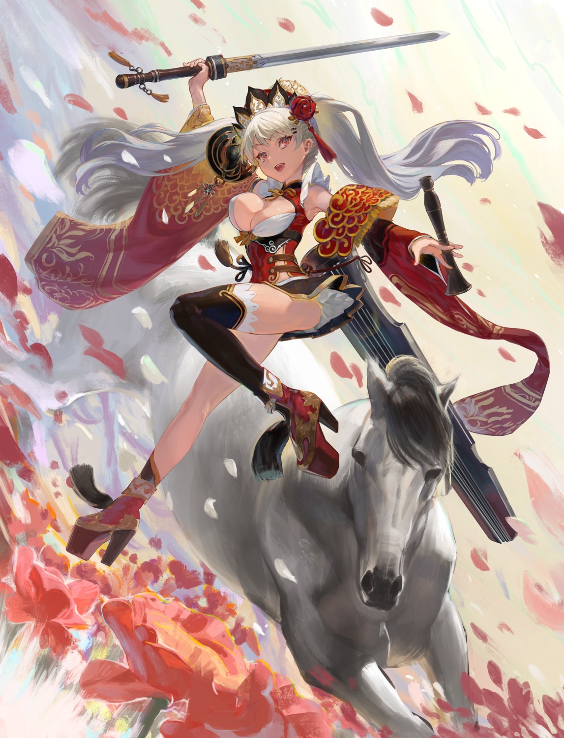 asian_clothes cleavage heels no_bra skirt_lift sword thighhighs