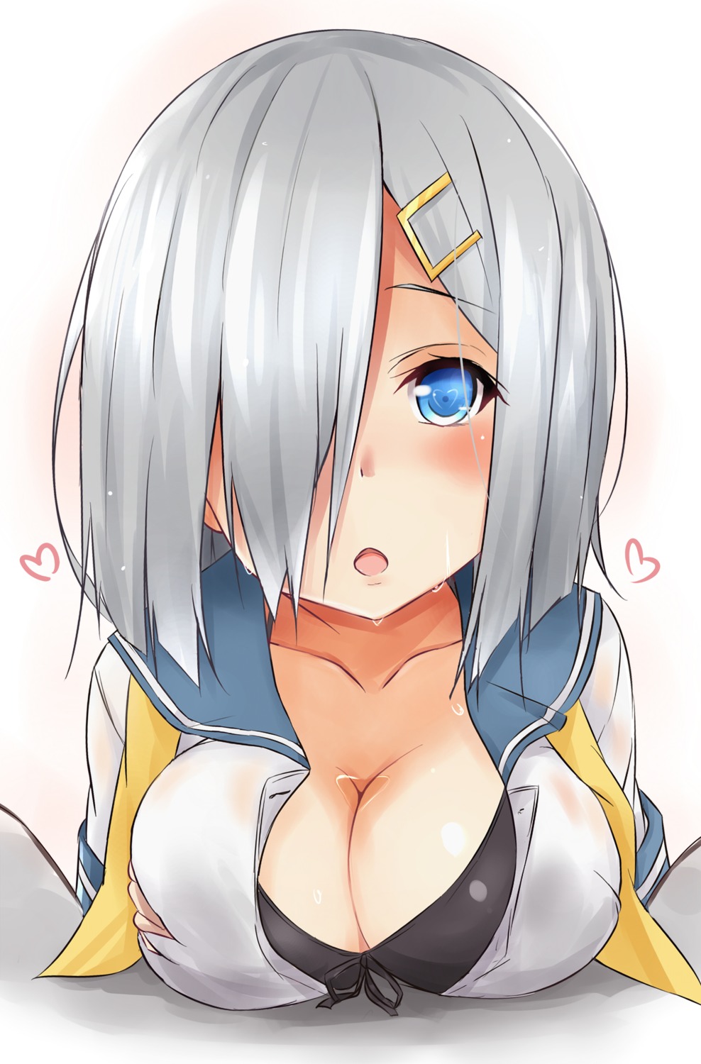 bra breast_grab cleavage hamakaze_(kancolle) kantai_collection open_shirt saku_(kudrove) seifuku wet