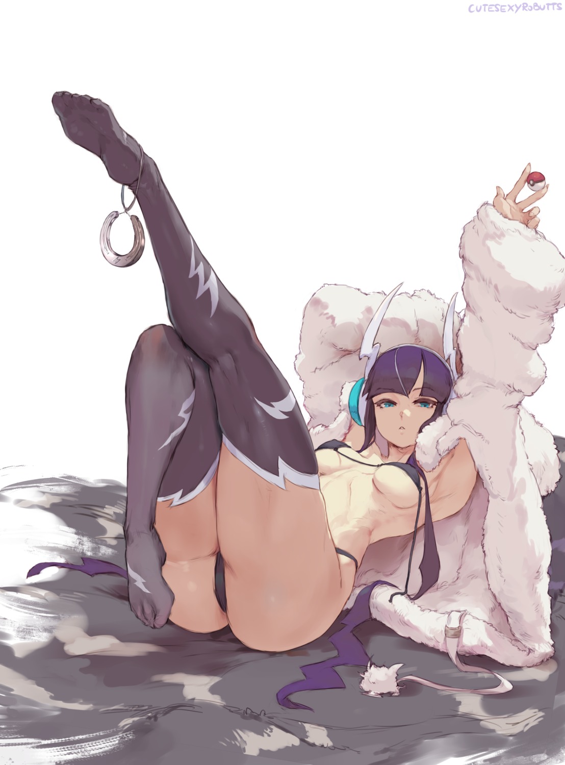 bikini cutesexyrobutts feet horns kamitsure_(pokemon) open_shirt pokemon pokemon_b2w2 swimsuits thighhighs thong