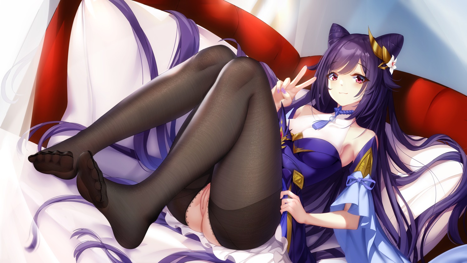 asian_clothes feet genshin_impact hong_bai keqing nopan pantyhose pussy skirt_lift uncensored