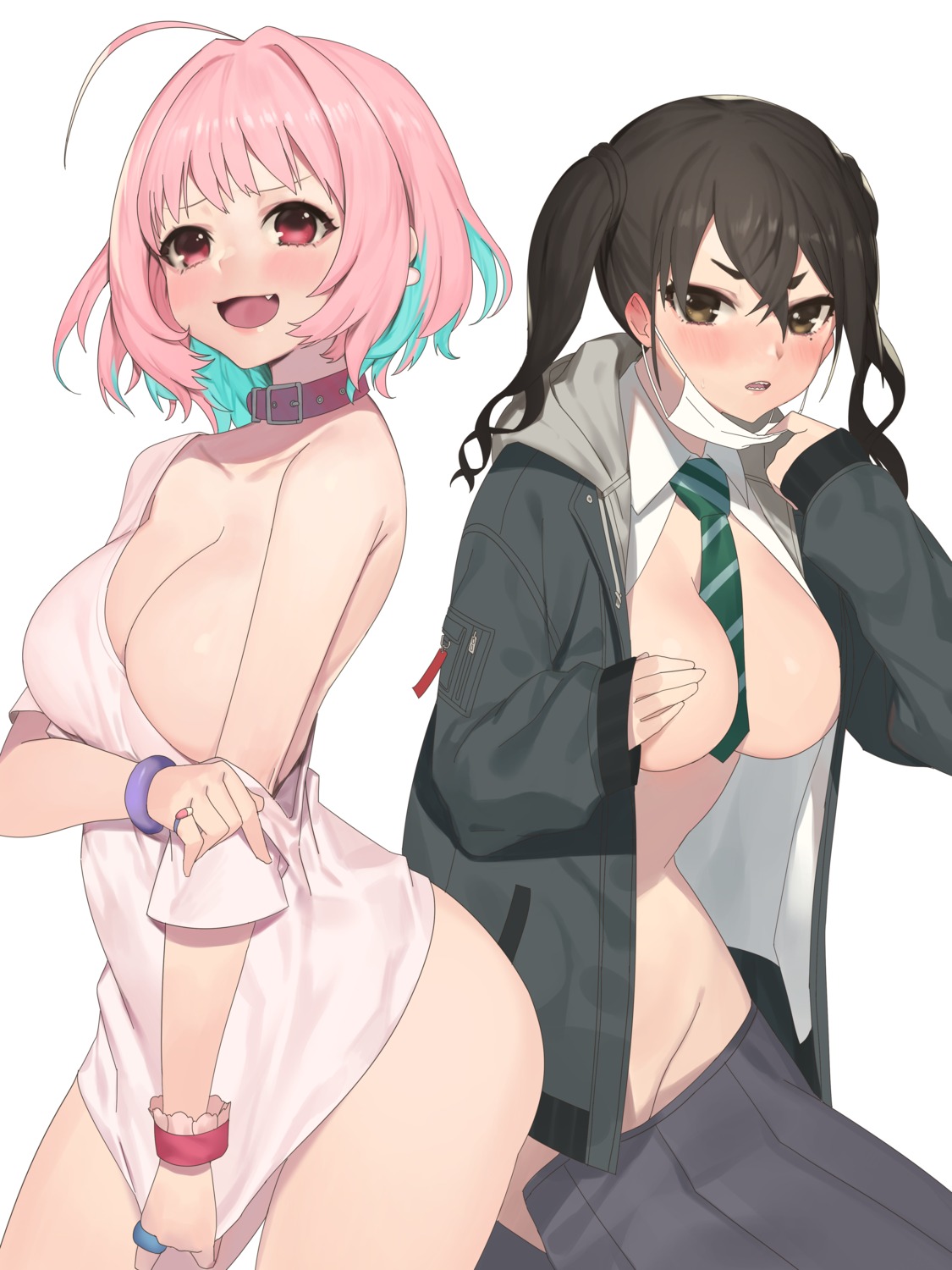 bottomless breast_hold breasts nandade9 no_bra nopan open_shirt seifuku sunazuka_akira the_idolm@ster the_idolm@ster_cinderella_girls undressing yumemi_riamu