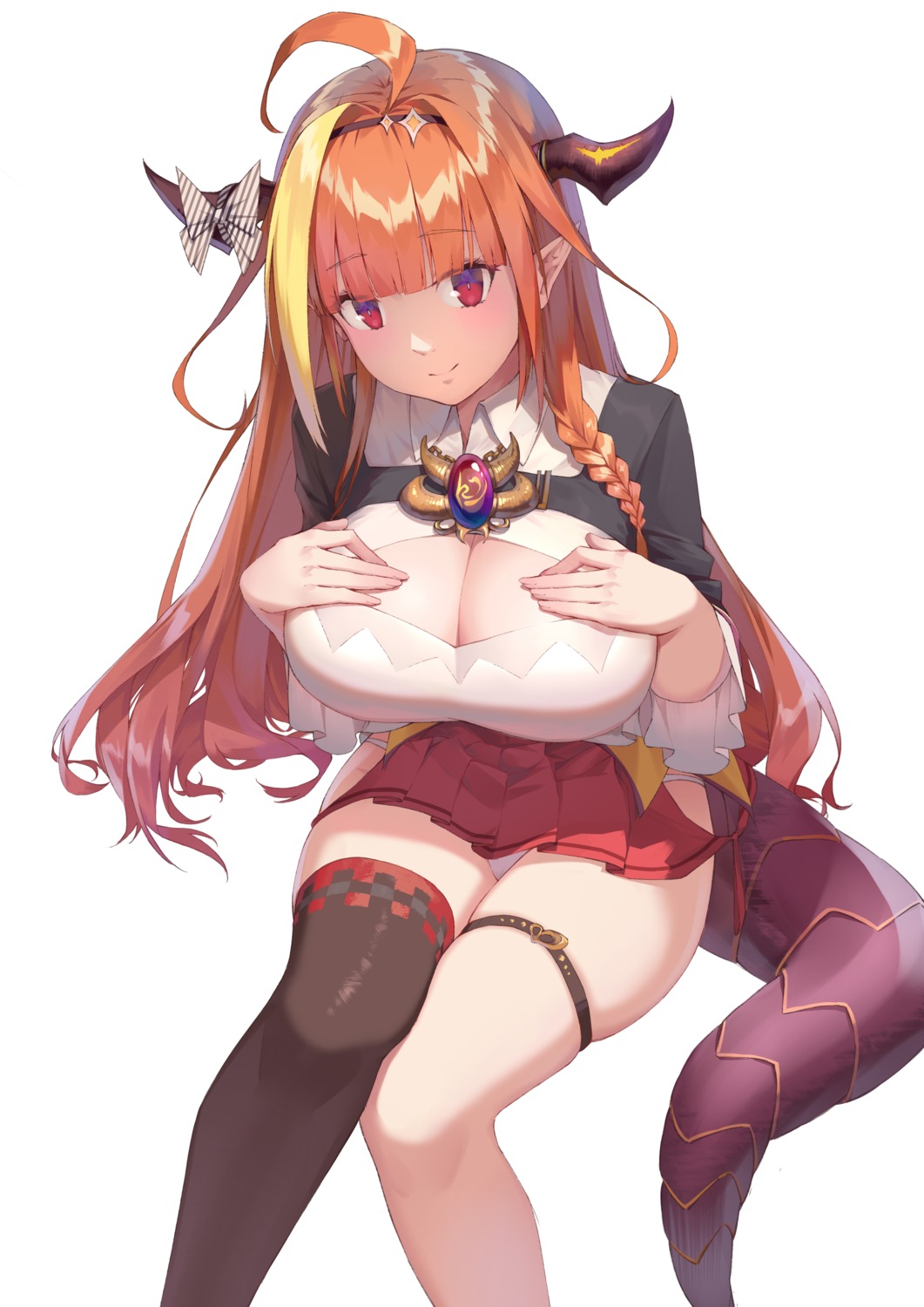 breast_hold cleavage garter hololive horns kiryuu_coco pointy_ears ren_huozhe tail thighhighs