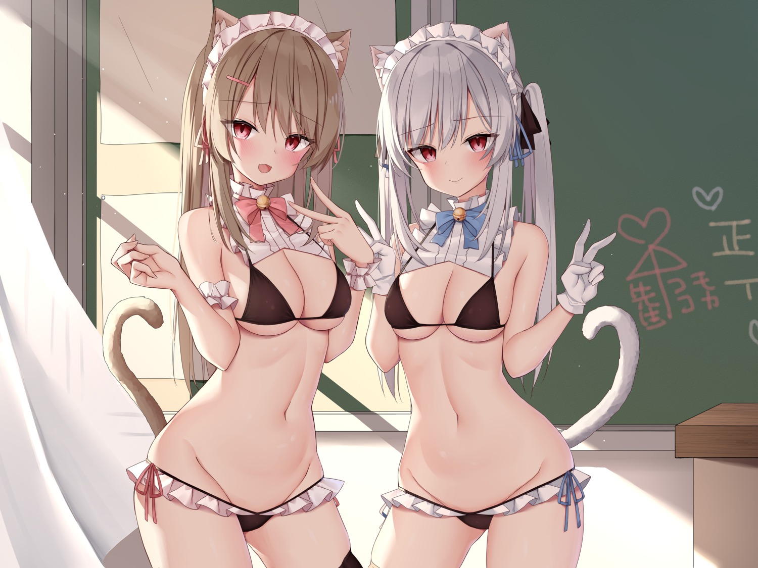 animal_ears bikini kamu_(geeenius) maid nekomimi swimsuits tail thighhighs