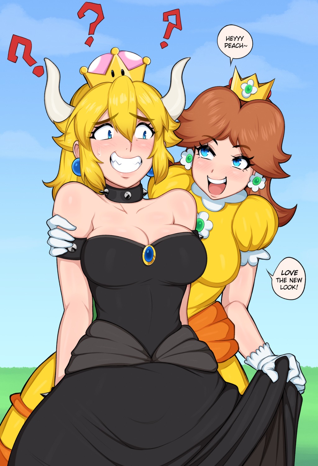 afrobull bowsette dress horns new_super_mario_bros._u_deluxe no_bra princess_daisy skirt_lift