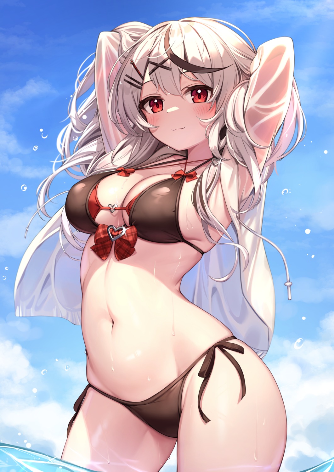 bikini deaver hololive open_shirt sakamata_chloe see_through swimsuits wet wet_clothes