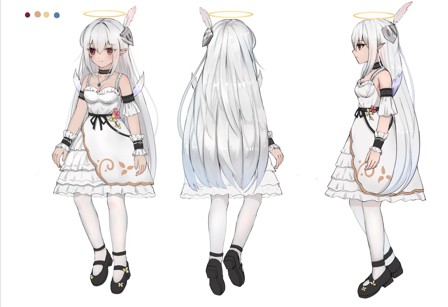 angel character_design cleavage dress heels linz no_bra pointy_ears sketch tattoo thighhighs wings