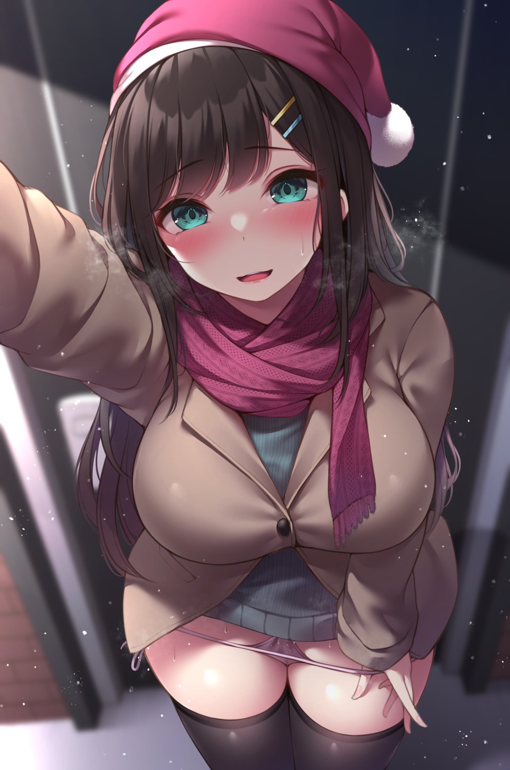 christmas pantsu panty_pull selfie string_panties sweater thighhighs toyosaki_shu undressing