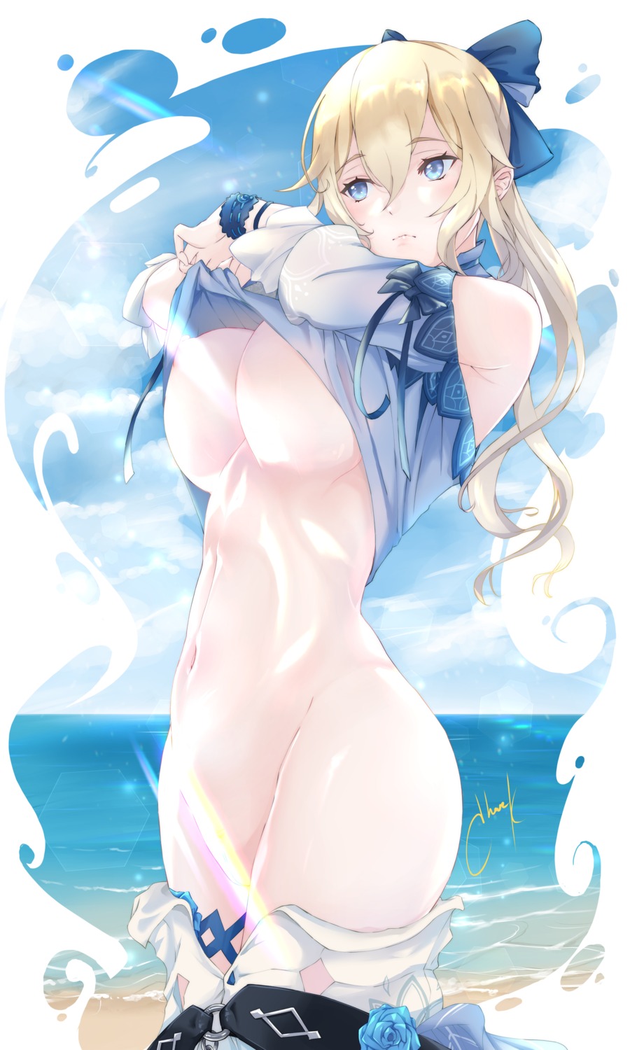 areola breasts censored chark garter genshin_impact jean_(genshin_impact) no_bra nopan undressing