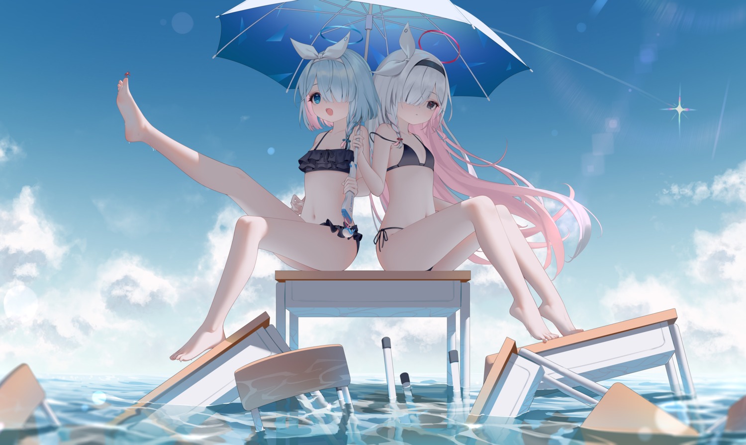 arona_(blue_archive) bikini bingchuan_xian_yu_huang blue_archive feet gun halo loli plana_(blue_archive) swimsuits thong umbrella