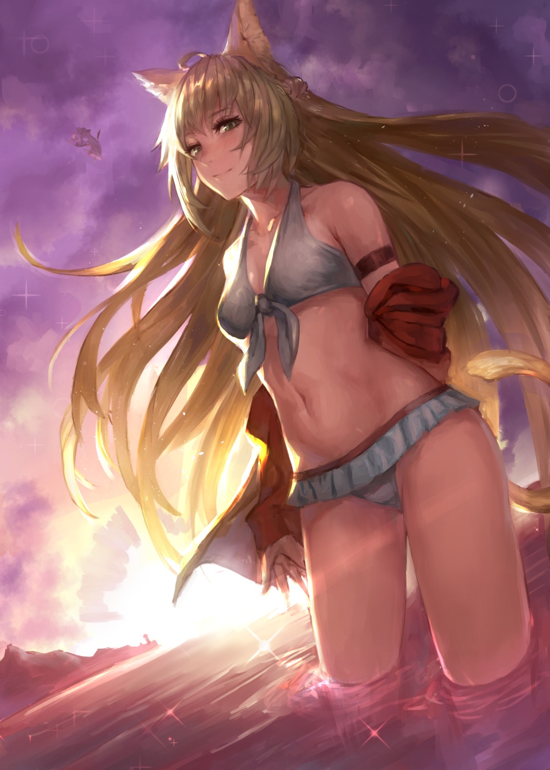 animal_ears archer_of_red bikini cleavage fate/grand_order open_shirt peperon swimsuits tail wet