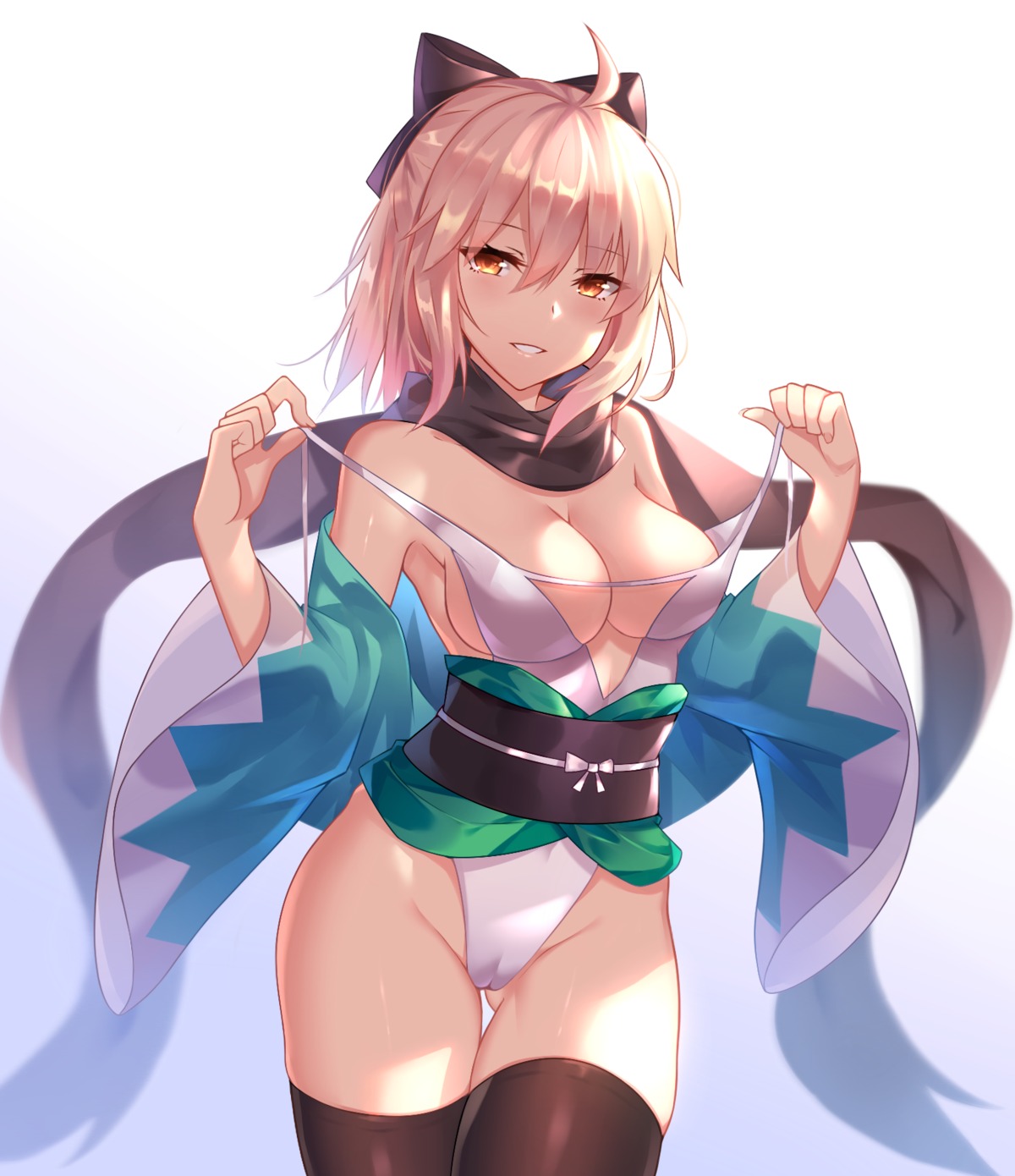 black_fire cameltoe cleavage fate/grand_order japanese_clothes leotard okita_souji_(fate) open_shirt thighhighs undressing