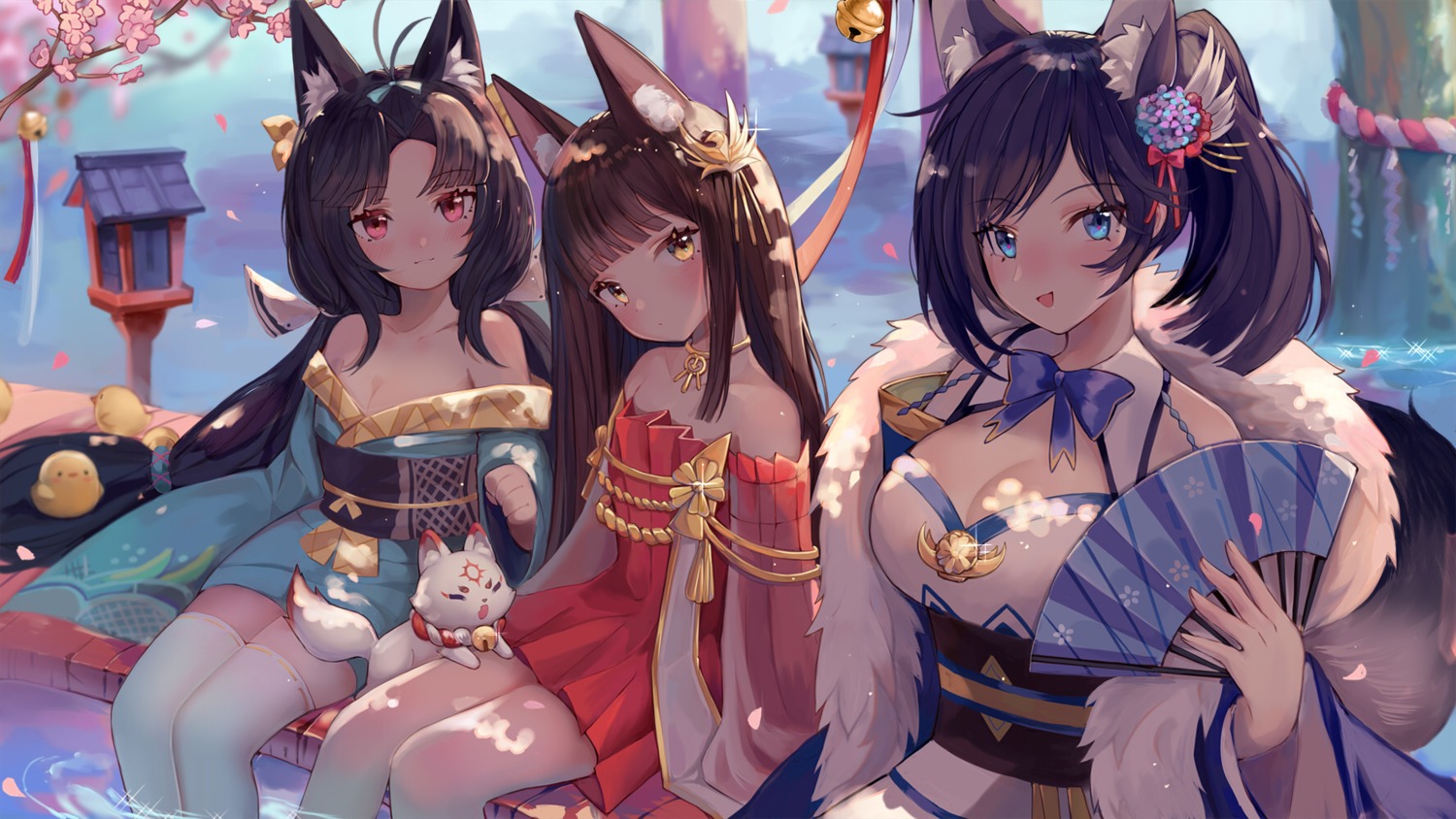 animal_ears azur_lane cleavage japanese_clothes jintsuu_(azur_lane) manjuu_(azur_lane) meowlian nagato_(azur_lane) open_shirt thighhighs wet yuubari_(azur_lane)