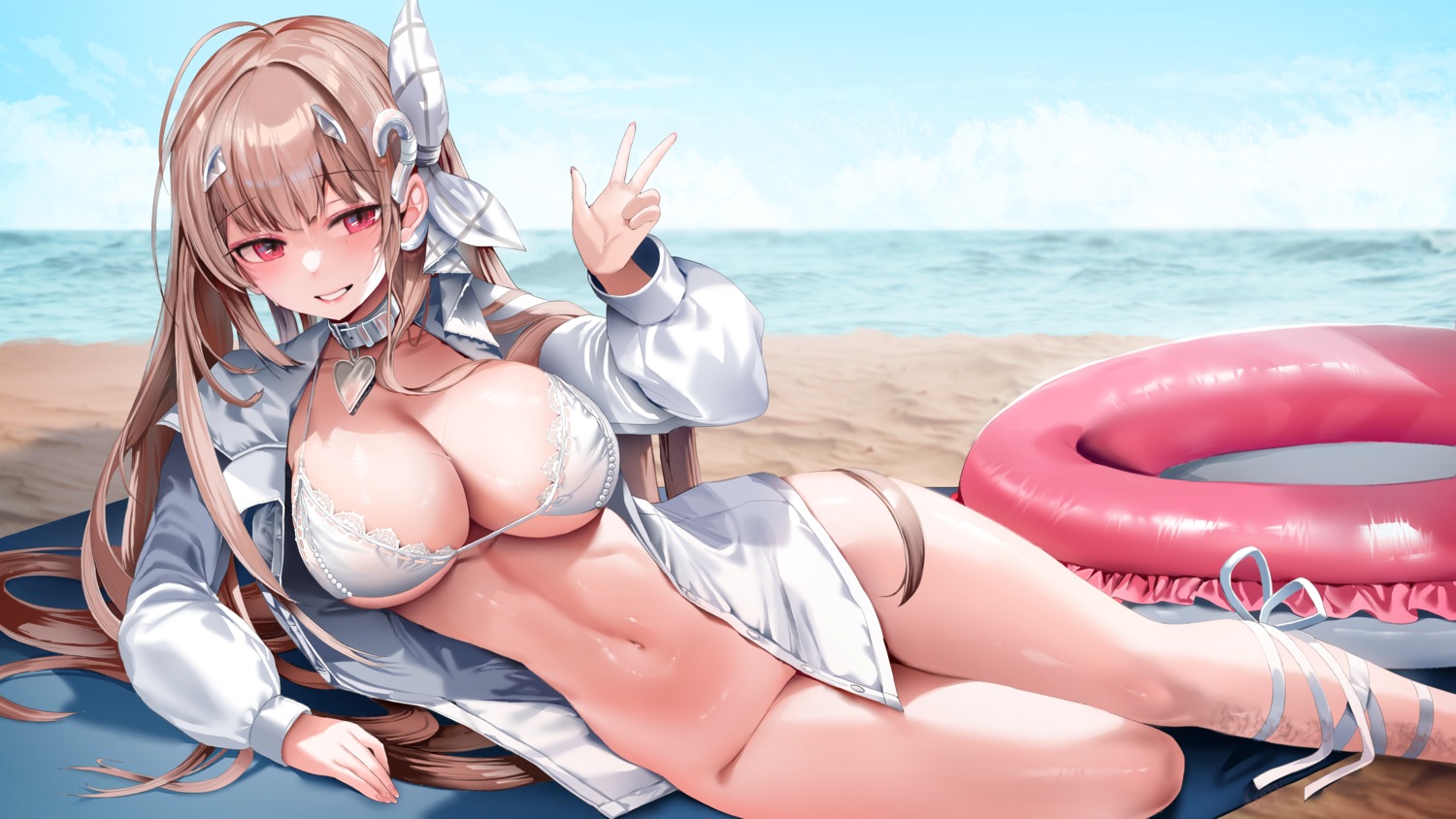 bikini_top bottomless dress_shirt horns nikke_the_goddess_of_victory open_shirt swimsuits viper_(nikke) zerocat