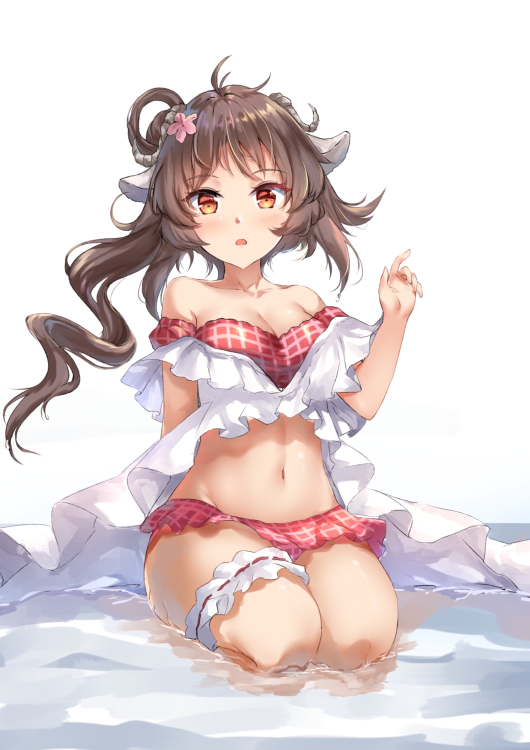 animal_ears arknights bikini chahei eyjafjalla_(arknights) garter horns open_shirt skirt_lift swimsuits wet