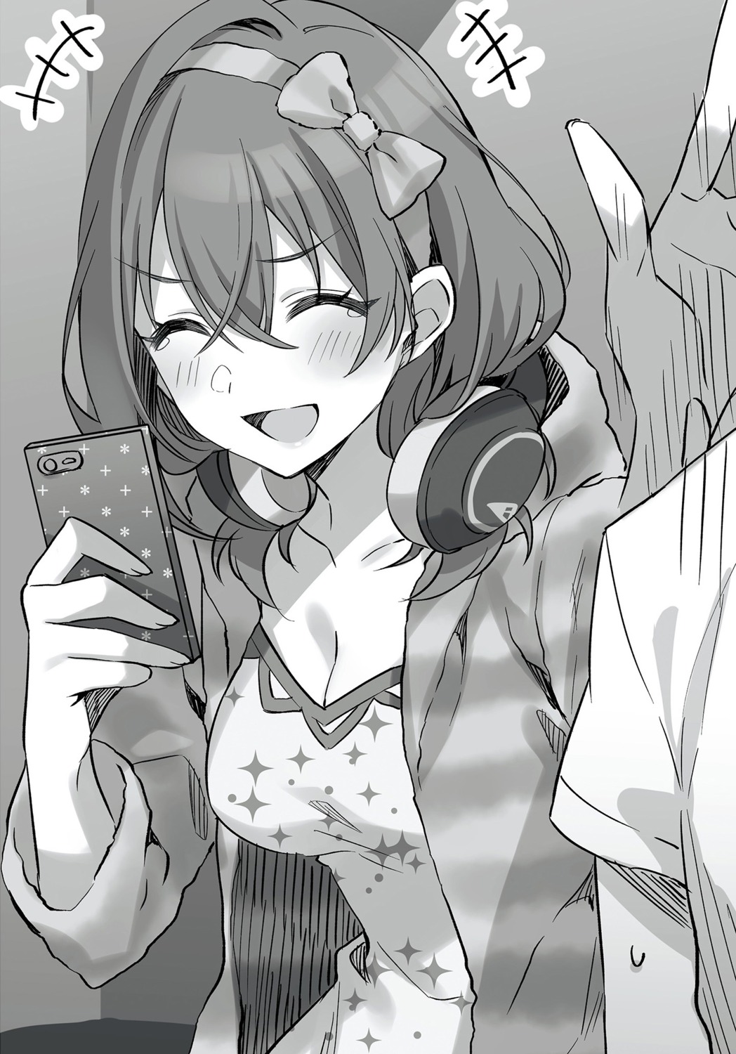 cleavage headphones kohinata_iroha monochrome pajama tomari tomodachi_no_imouto_ga_ore_nidake_uzai