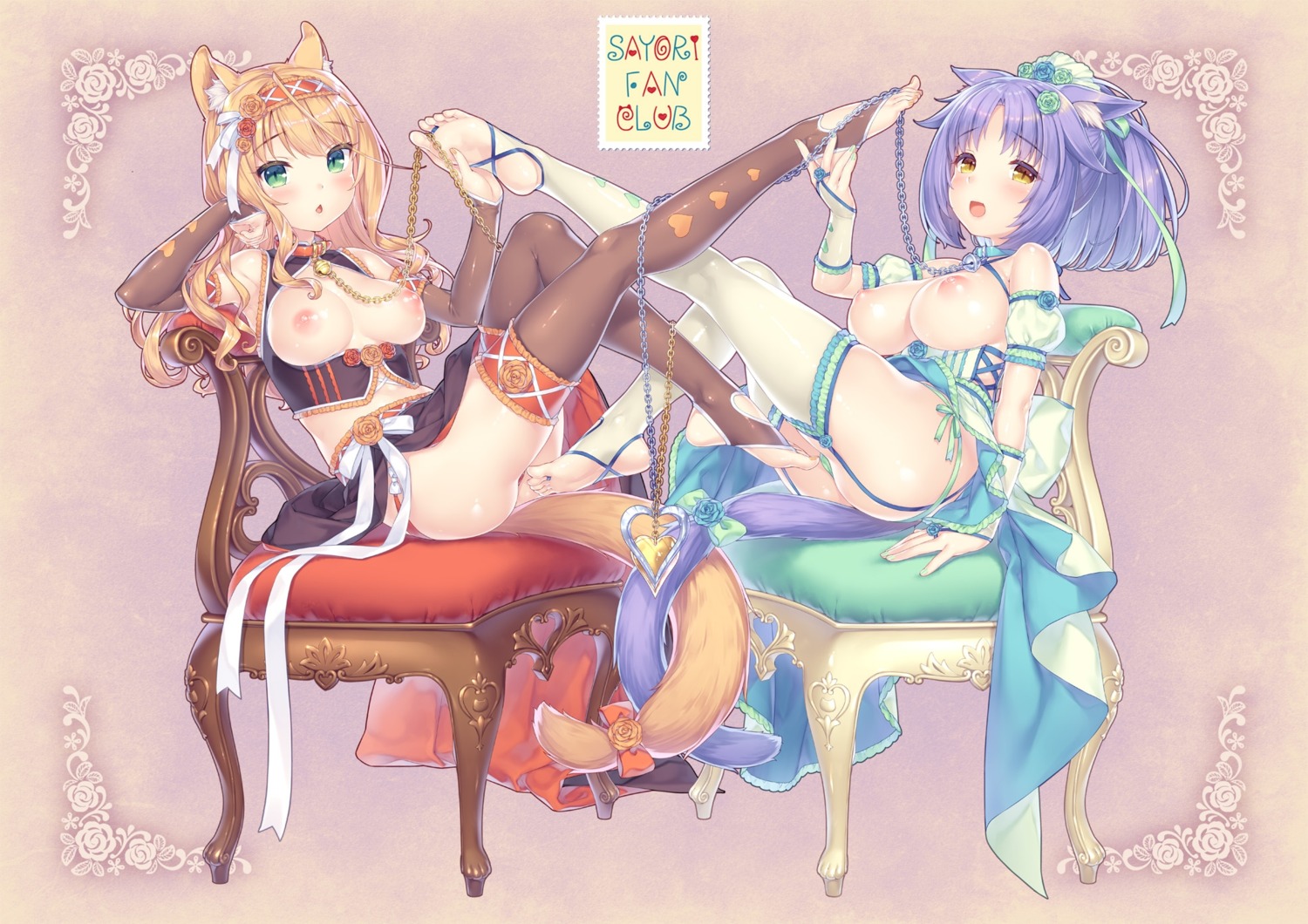 animal_ears ass breasts cameltoe cinnamon_(nekopara) maple_(nekopara) neko_works nekomimi nekopara nipples no_bra pantsu sayori skirt_lift stockings string_panties tail thighhighs thong