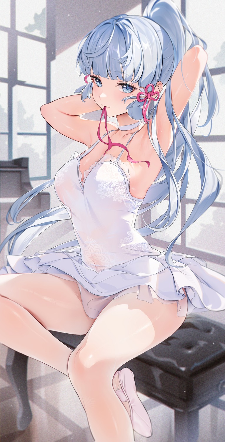 dress genshin_impact houkisei kamisato_ayaka no_bra pantyhose see_through skirt_lift