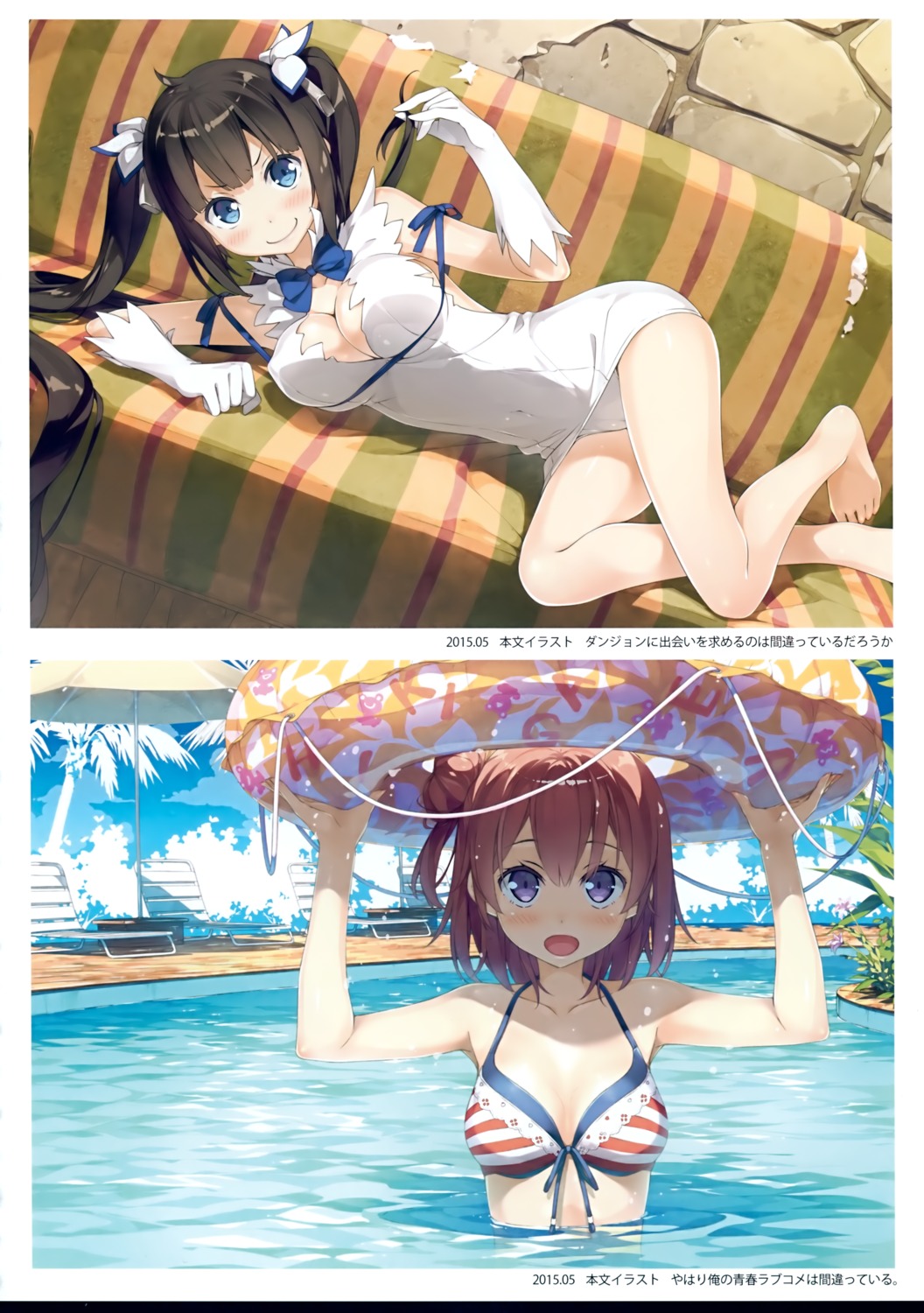 5_nenme_no_houkago bikini_top cleavage dress dungeon_ni_deai_wo_motomeru_no_wa_machigatteiru_darou_ka erect_nipples hestia_(danmachi) kantoku no_bra pantsu swimsuits wet yahari_ore_no_seishun_lovecome_wa_machigatteiru. yuigahama_yui