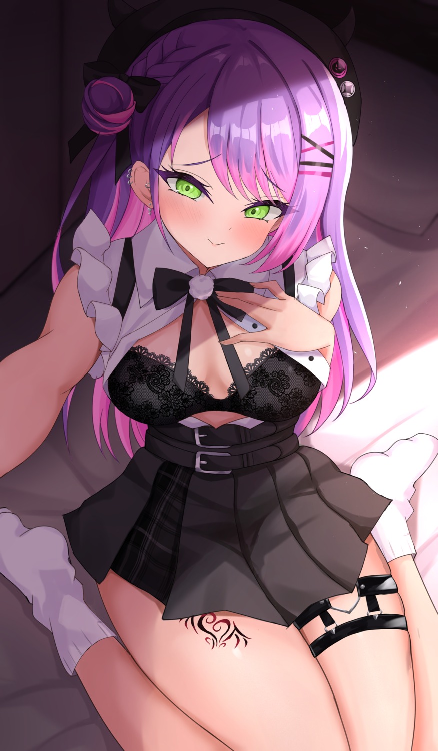 bra garter hololive horns kuon_(kuon) open_shirt selfie tattoo tokoyami_towa