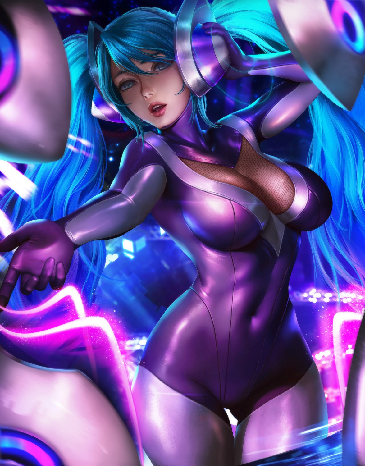 bodysuit cleavage fishnets headphones league_of_legends logan_cure see_through sona_buvelle