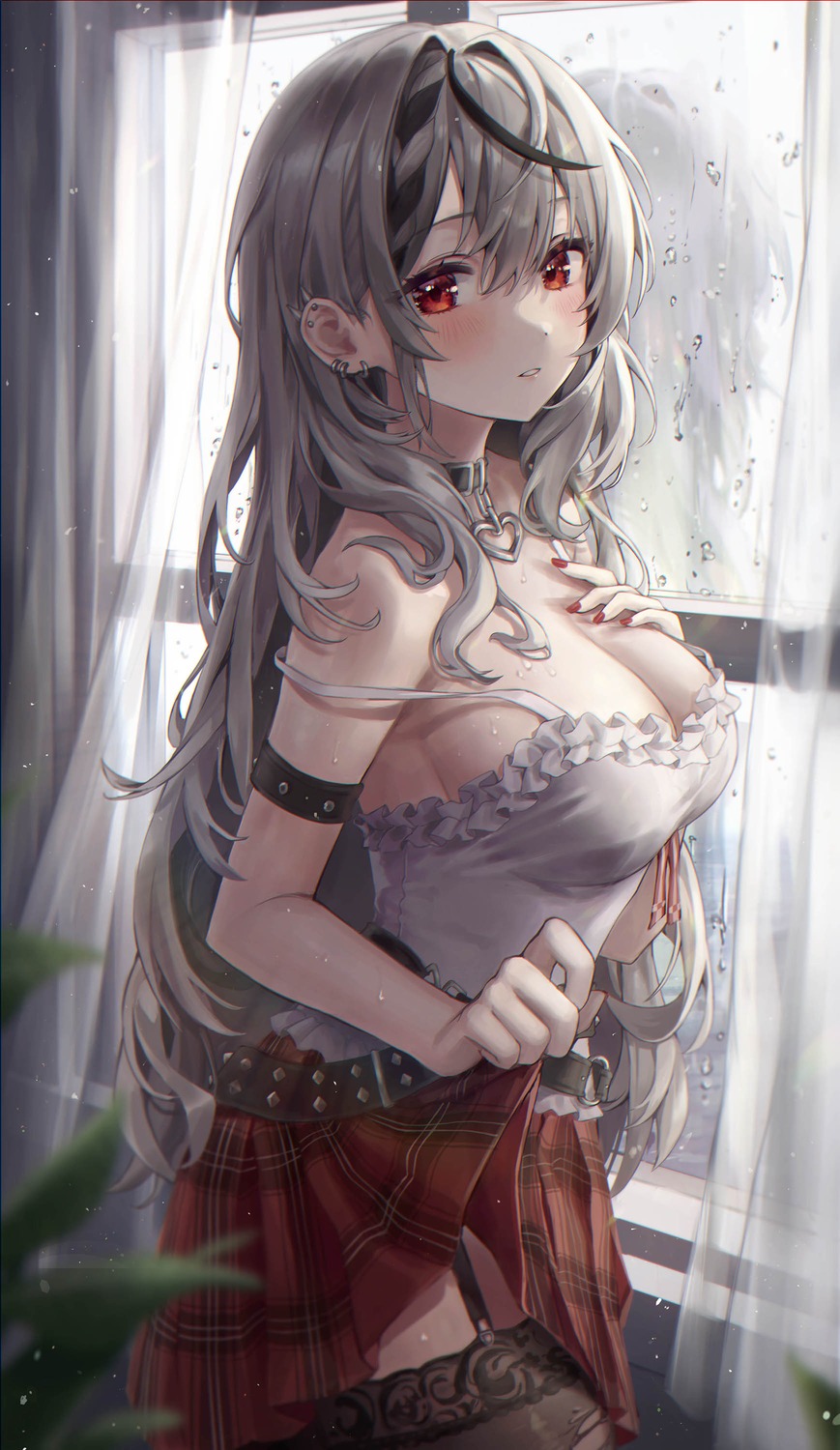 aibek breast_hold hololive no_bra sakamata_chloe skirt_lift stockings thighhighs torn_clothes wet
