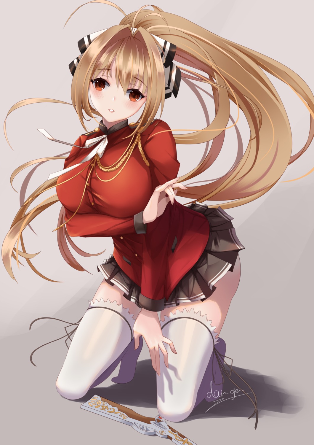 amagi_brilliant_park breast_hold daidai_gege gun sento_isuzu skirt_lift thighhighs uniform