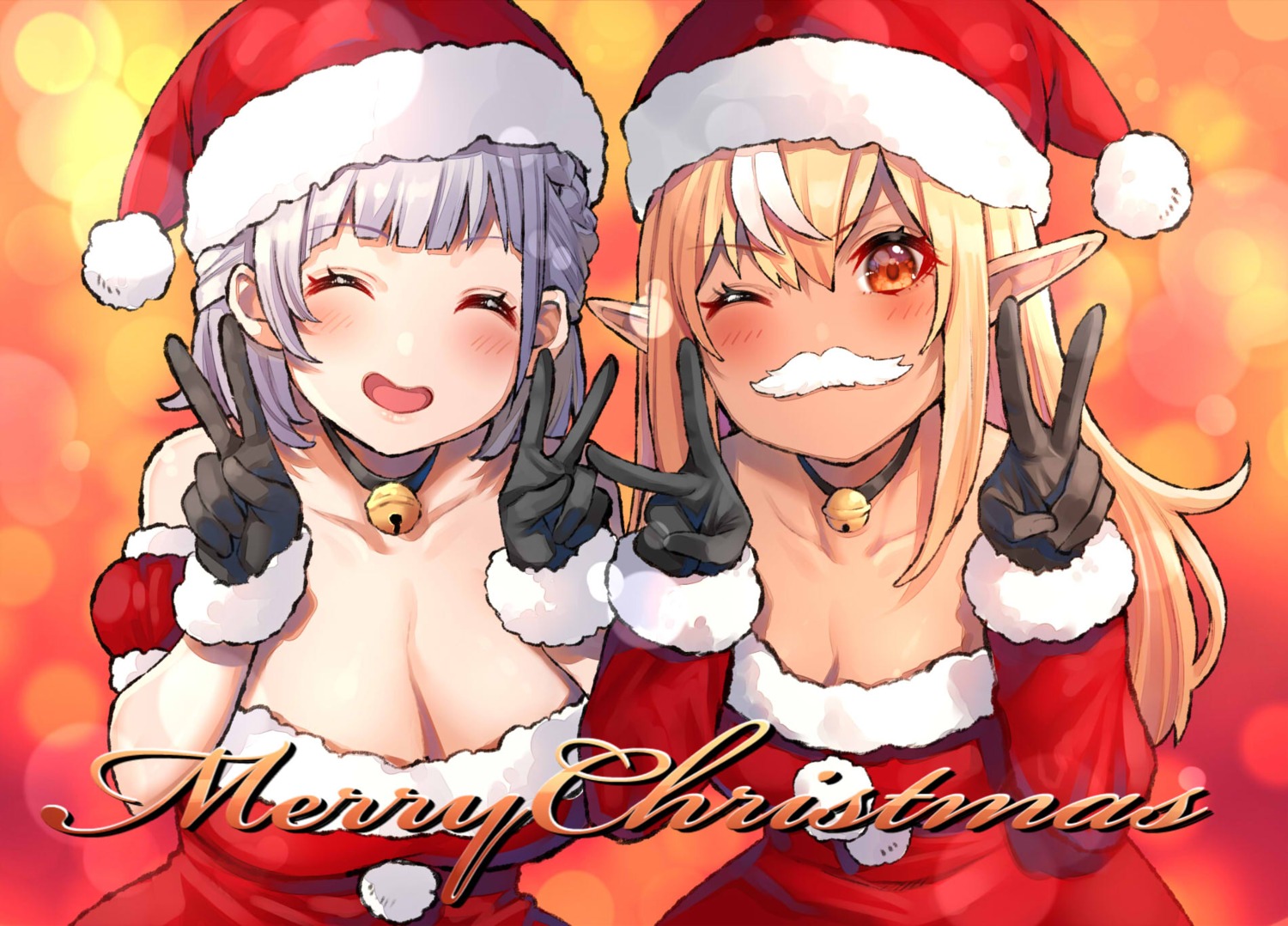 christmas cleavage dress elf hololive mikan_(chipstar182) no_bra pointy_ears shiranui_flare shirogane_noel