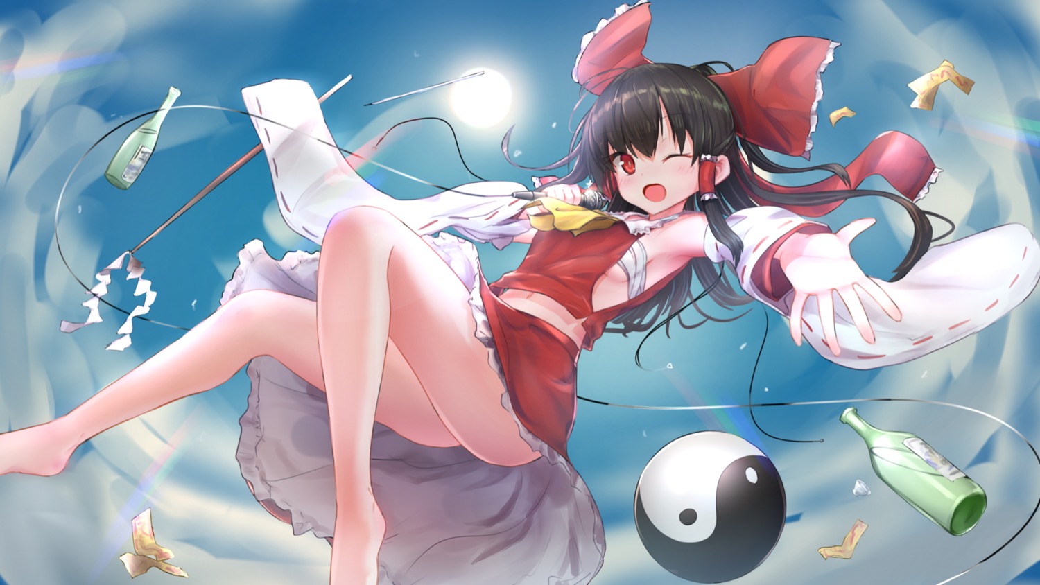 hakurei_reimu sarashi skirt_lift touhou west_(vaem5527)