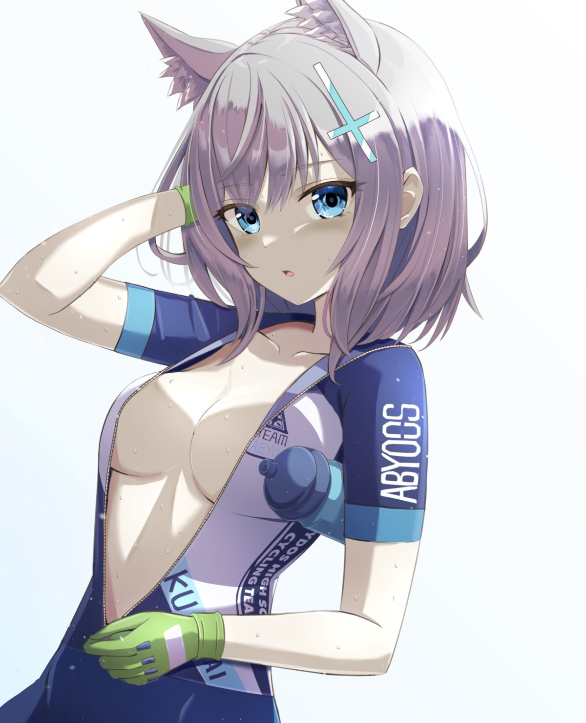 animal_ears blue_archive nekomimi no_bra open_shirt ryouta_(ryouta335) sunaookami_shiroko undressing wet